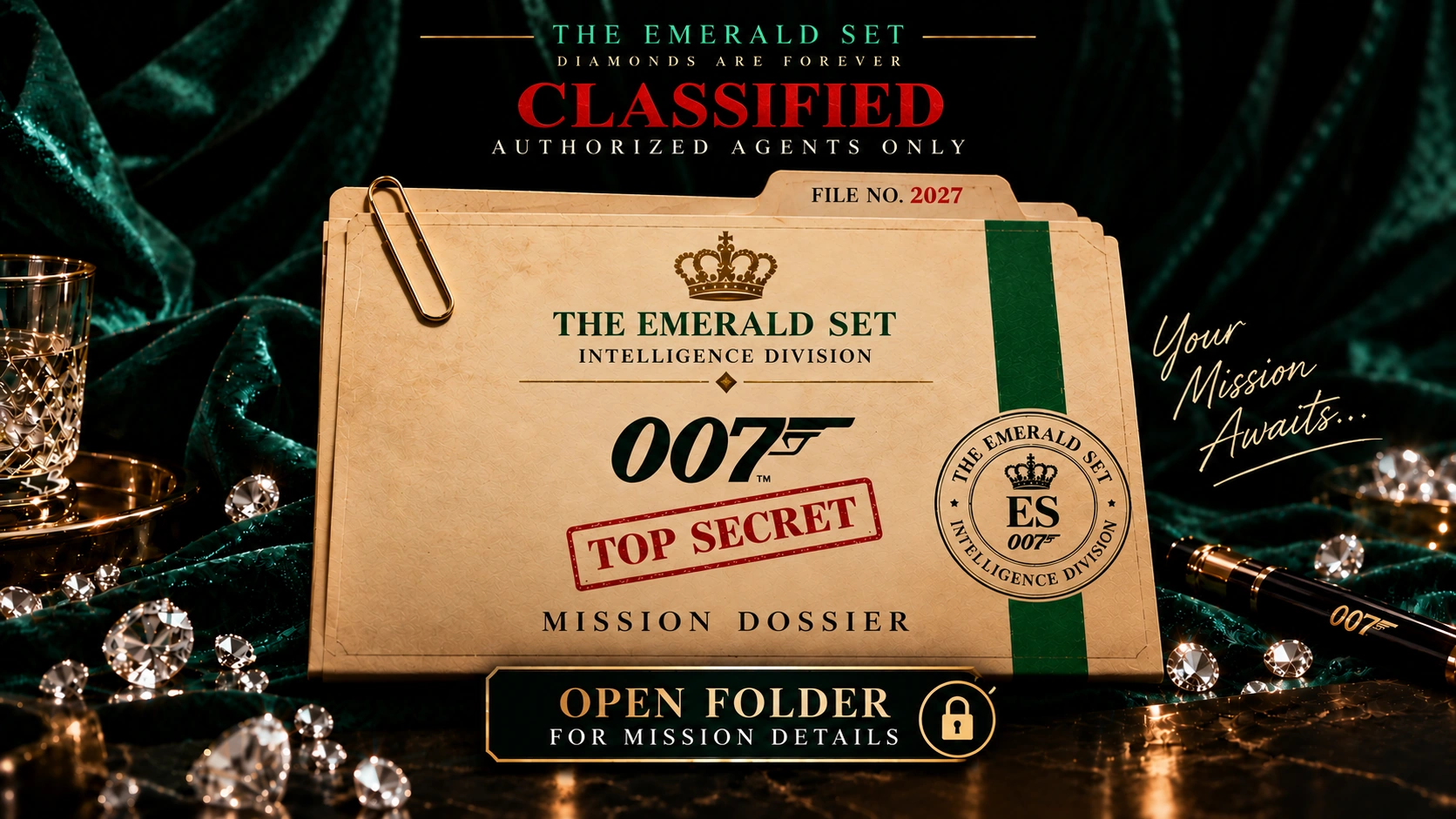 Classified Emerald Set mission dossier cover. Open folder for mission details.